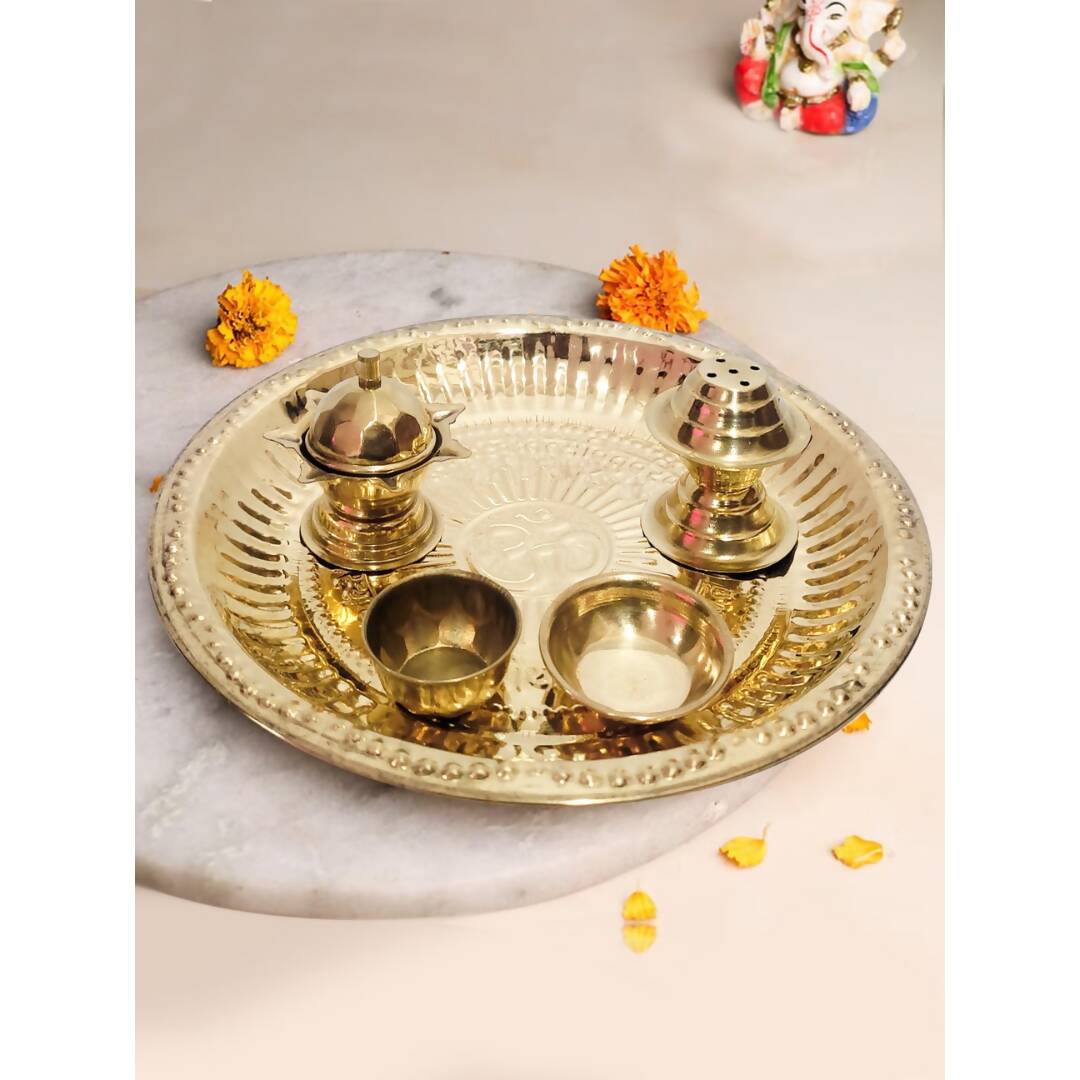 Tied Ribbons Gold Toned Pooja Thali With Attached Incense Diya Tilak Holder | Grocsy