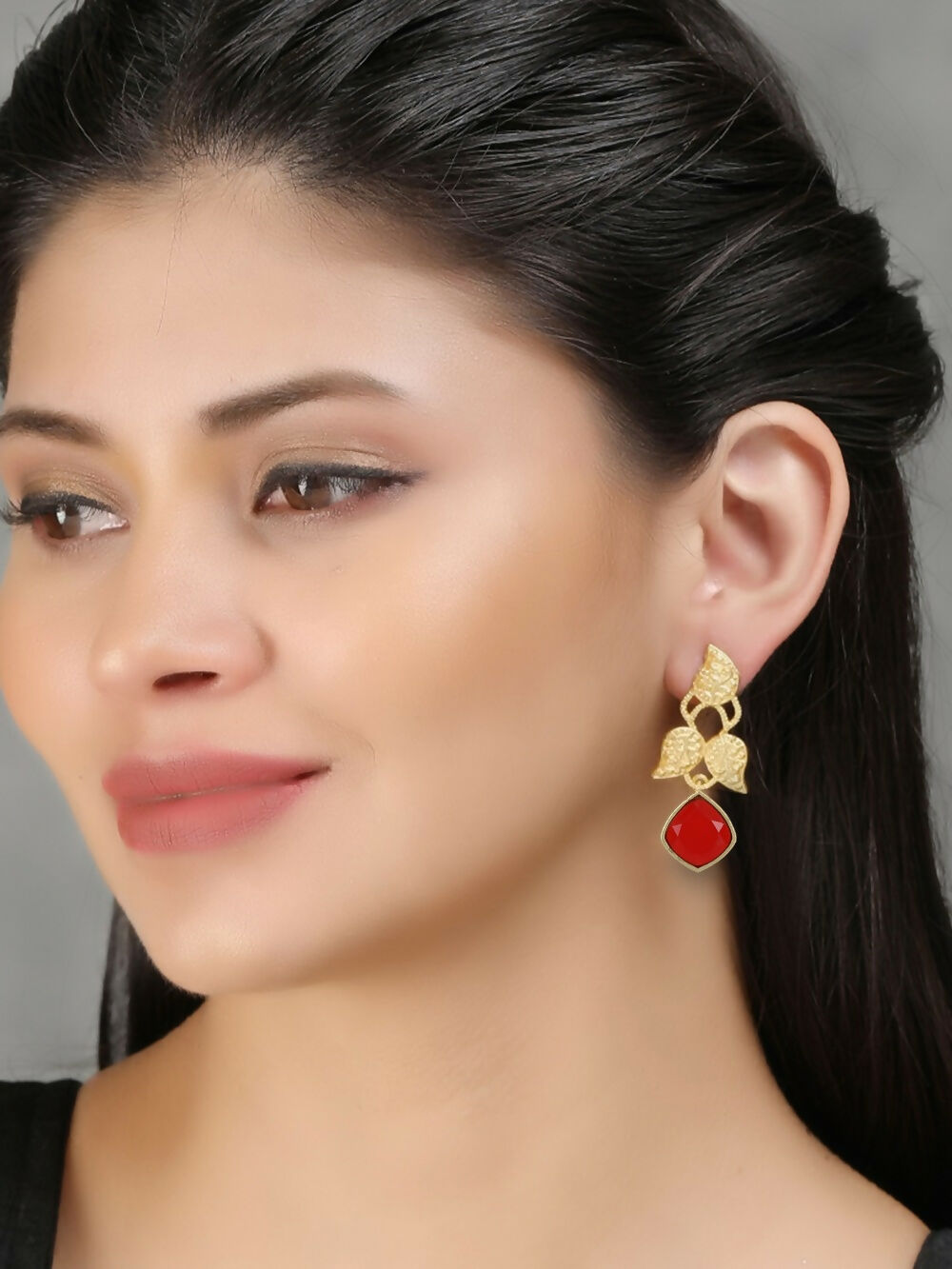 Joban Fashion Women Red Stone Matte Gold Earrings | Grocsy