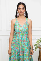 Myshka Women Green Floral Cotton A-Line Round Neck Long Dress | Grocsy