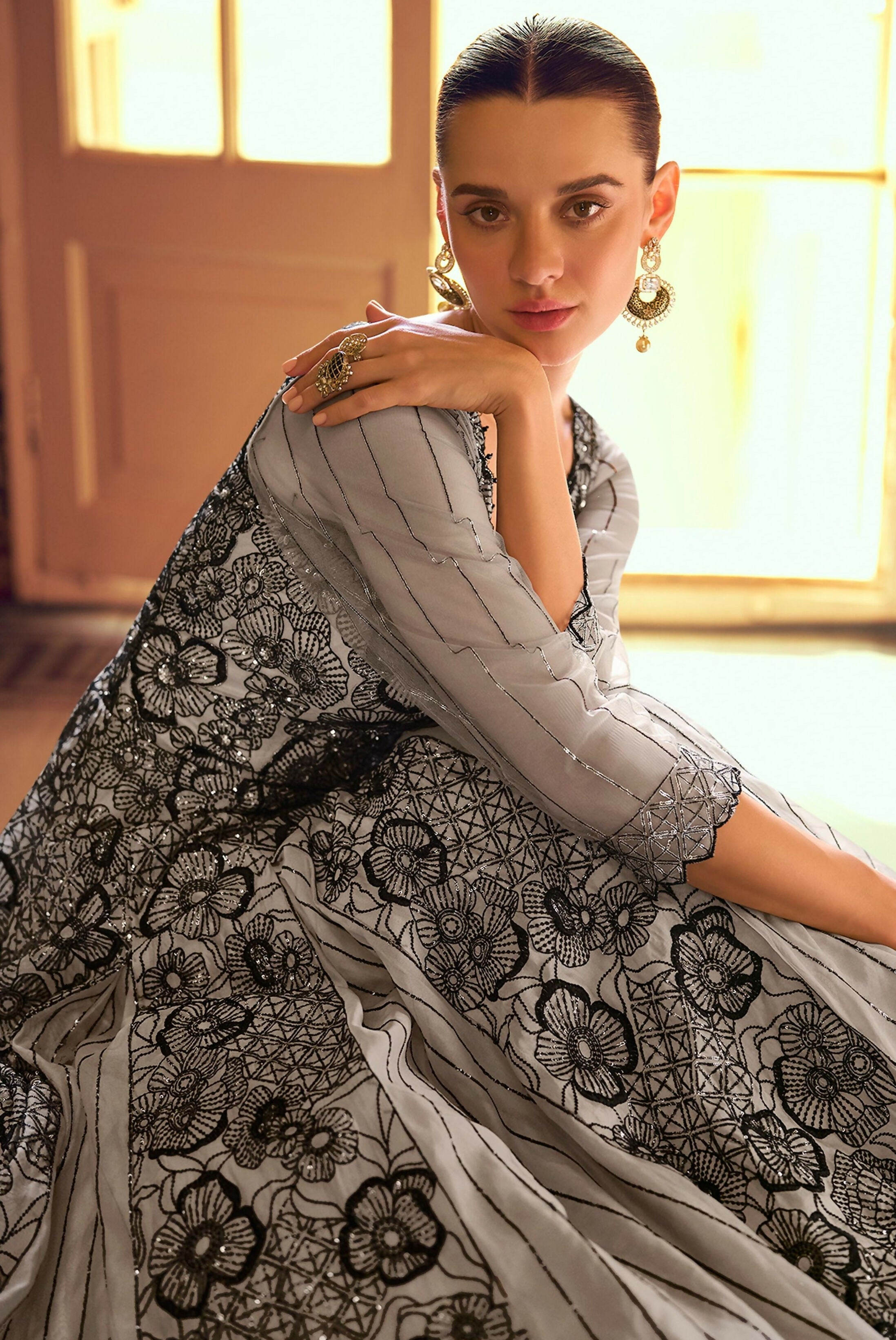 Anaita Grey Shimmer Jacquard Silk Readymade Anarkali Suit with Heavy Embroidery Work | Grocsy