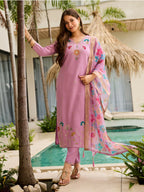 The52 Lavender Women's Gorgeous Embroidered work Viscose Gadhwal Fabric Straight Kurta, Pant and Dupatta Set | Grocsy