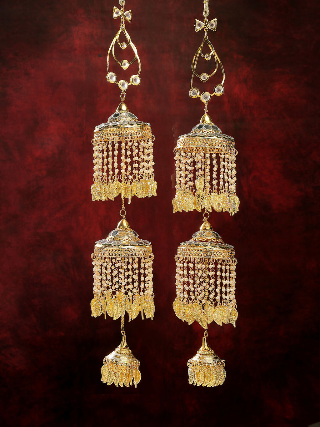 NVR Women's Pack Of 2 Gold-Polished & White Pearl Mirror Work Bridal Layered Kaleera Sets | Grocsy
