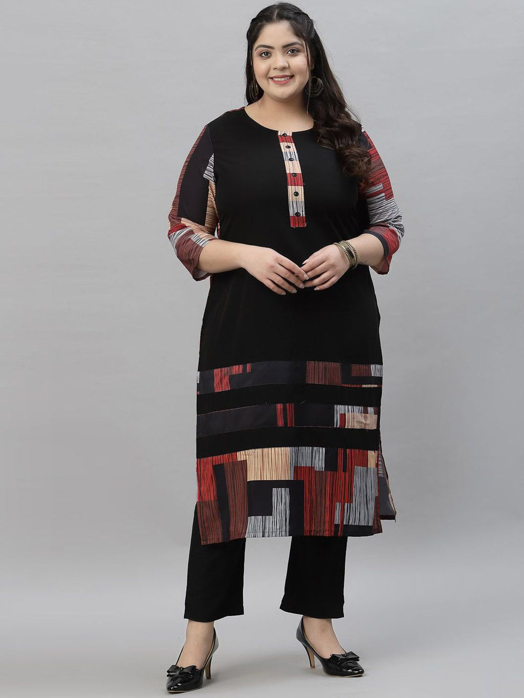 Sztori Plus Size Printed Neck Round Neck Straight Kurta | Grocsy