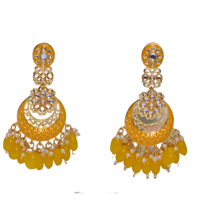 Yellow Gold-Polished Beautifully Enamelled Stylish Kundan & Pearl Dangle Women Earrings|Meenakari Chandbali Traditional Ethnic Wear Earrings By House of Ree - Swadesiicart