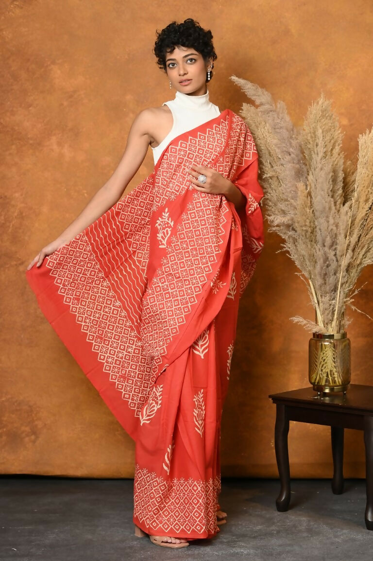 Very Much Indian Handblock Printed Cotton Saree With Natural Dyes - Orange | Grocsy