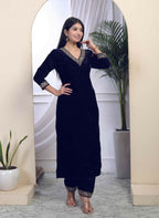 Miravan Women's Blue Velvet Embroidered/Sequence Work Straight Kurta with Palazzo | Grocsy