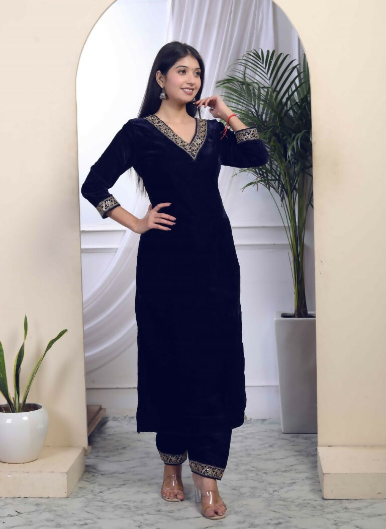Miravan Women's Blue Velvet Embroidered/Sequence Work Straight Kurta with Palazzo | Grocsy