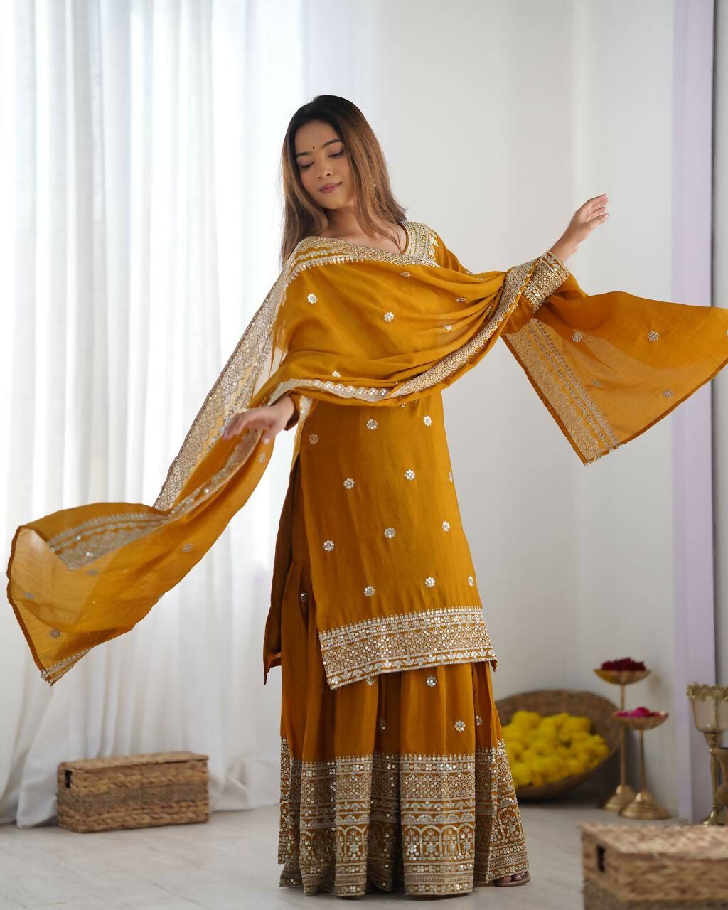 Joban Fashion Mustard Kurta Set Silk Sequins , Zari, Coding & Thread Embroidered work | Grocsy