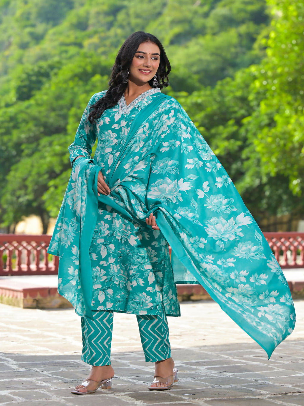Juniper Women's Rama Green Floral Printed Cotton Kurta Pant With Dupatta Set With Mirror Work & Zari Work | Grocsy