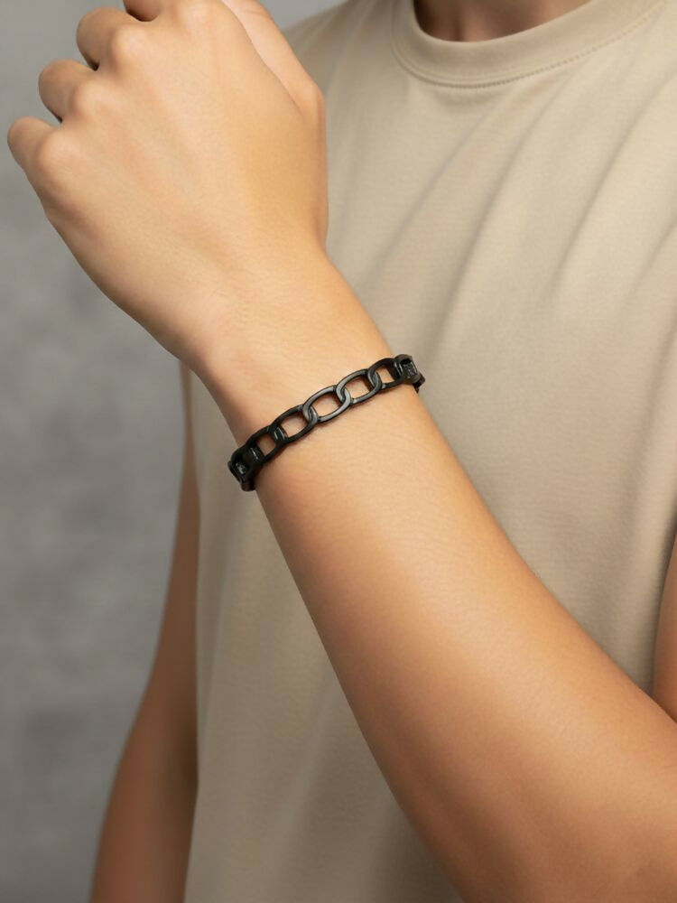 NVR Men's Rhodium Plated Cuff Bracelet | Grocsy