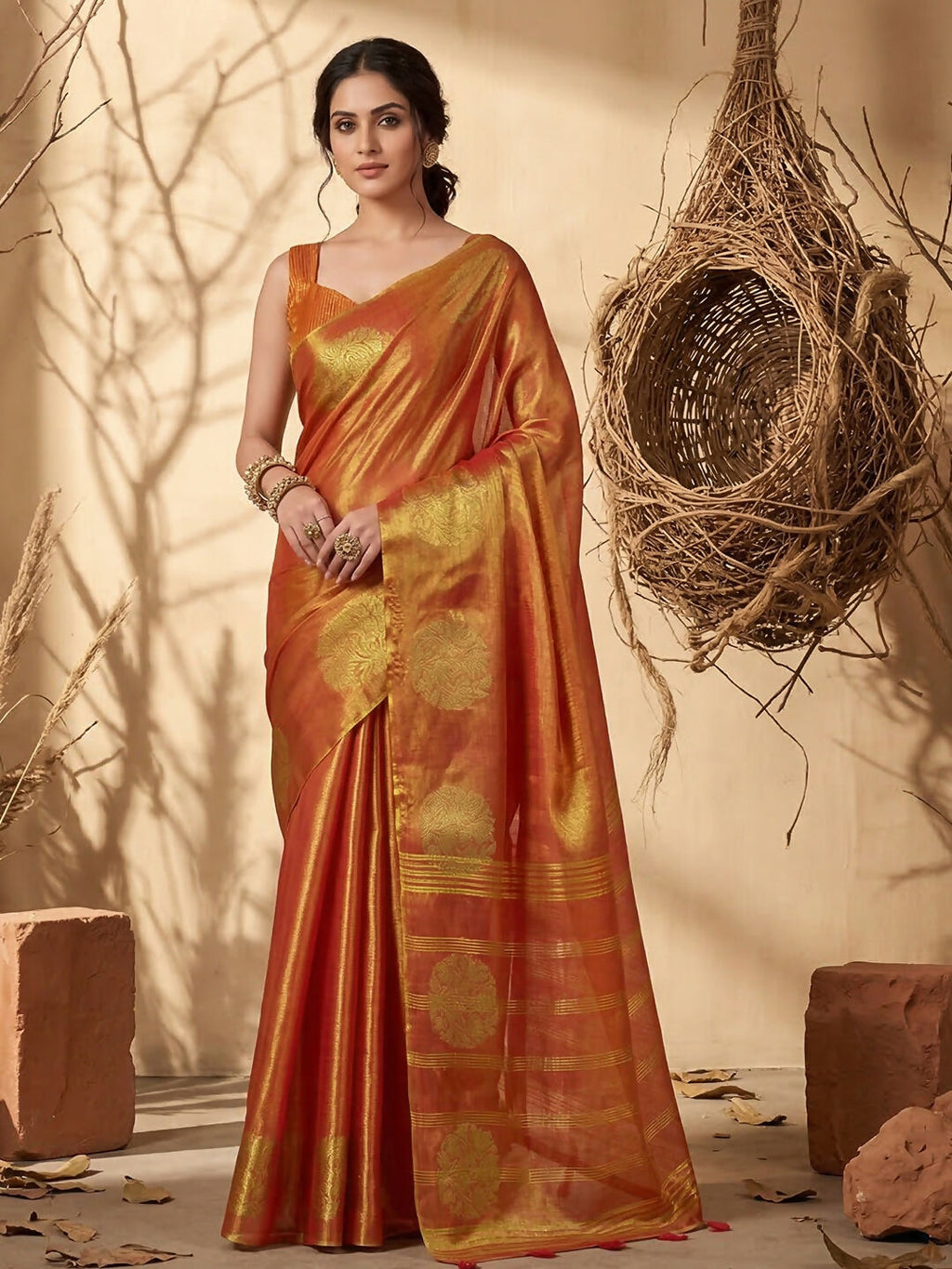 Shree Shyam Fashion Rust Tissue Silk Saree | Grocsy
