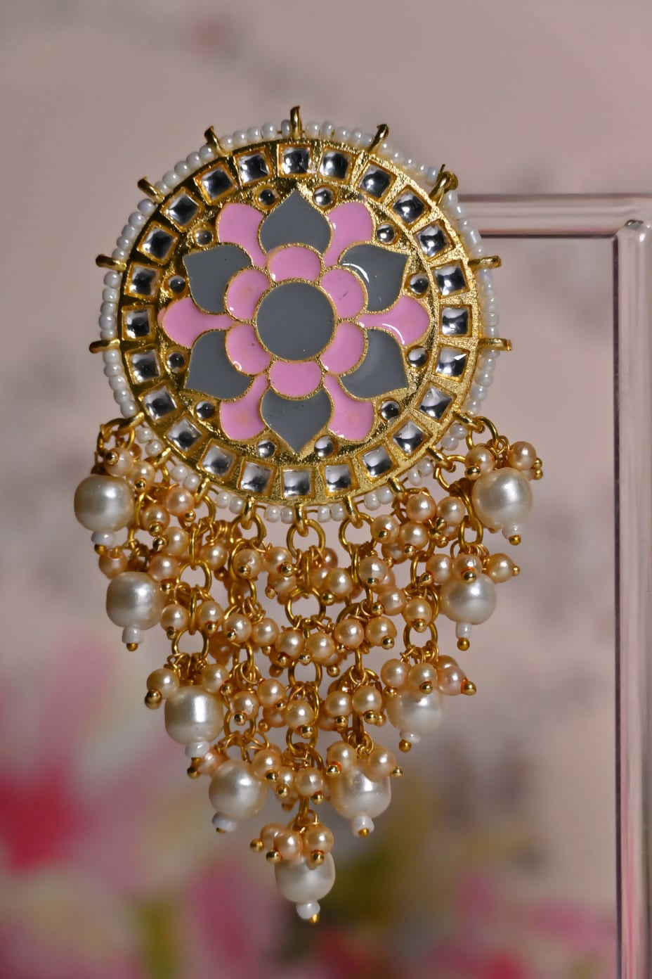 Pink & Grey Mandala Flower Hand Painted Bridal Earrings By House of Ree - Swadesiicart