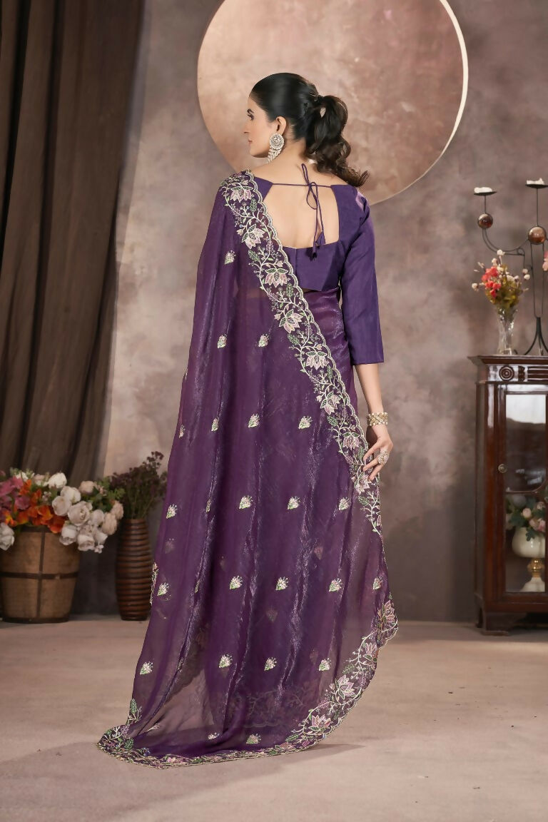 Vastranavya Gold Crunchy Multi Colour Threads Embroidery Work with Sequins Work Saree with Blouse material - Purple | Grocsy