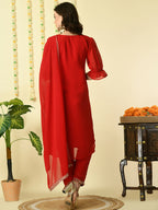 Myshka Women's Red Georgette Kurta & Trousers With Dupatta Party Sets | Grocsy