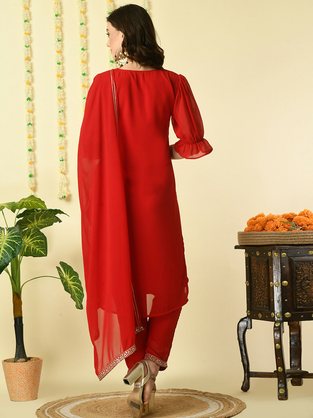 Myshka Women's Red Georgette Kurta & Trousers With Dupatta Party Sets | Grocsy