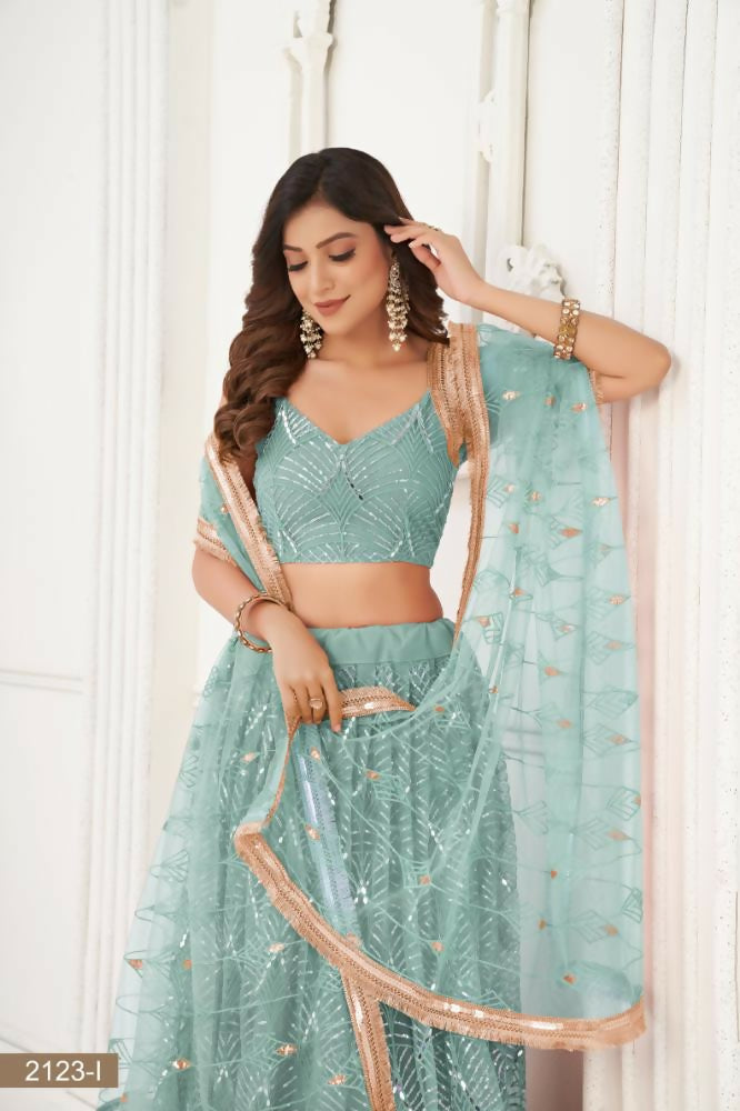 Aastha Fashion Ocean Blue Butterfly Net Tone To Tone Thread Work, Sequence Work And Original Mirror Work Embroidery Wedding Wear Lehenga Choli | Grocsy