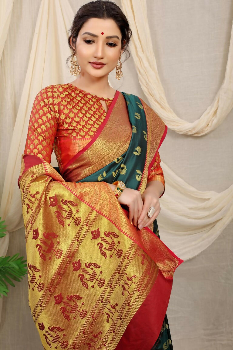 Jyoti Fashion Women's Bottle Green Banarasi Silk Zari Woven Saree with Blouse | Grocsy
