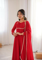 The52 Women's Gorgeous Solid Fox Blooming Georgette Fabric Flared Anarkali and Dupatta Set-Red | Grocsy