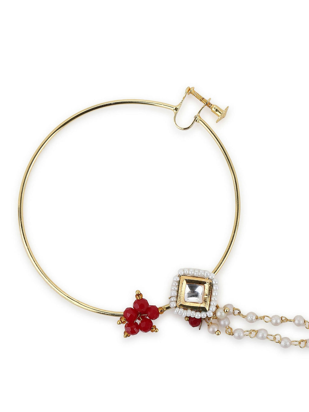 Gold-Polished White Red Kundan-Studded Pearl Beaded Nosepin - Ruby Raang | Grocsy