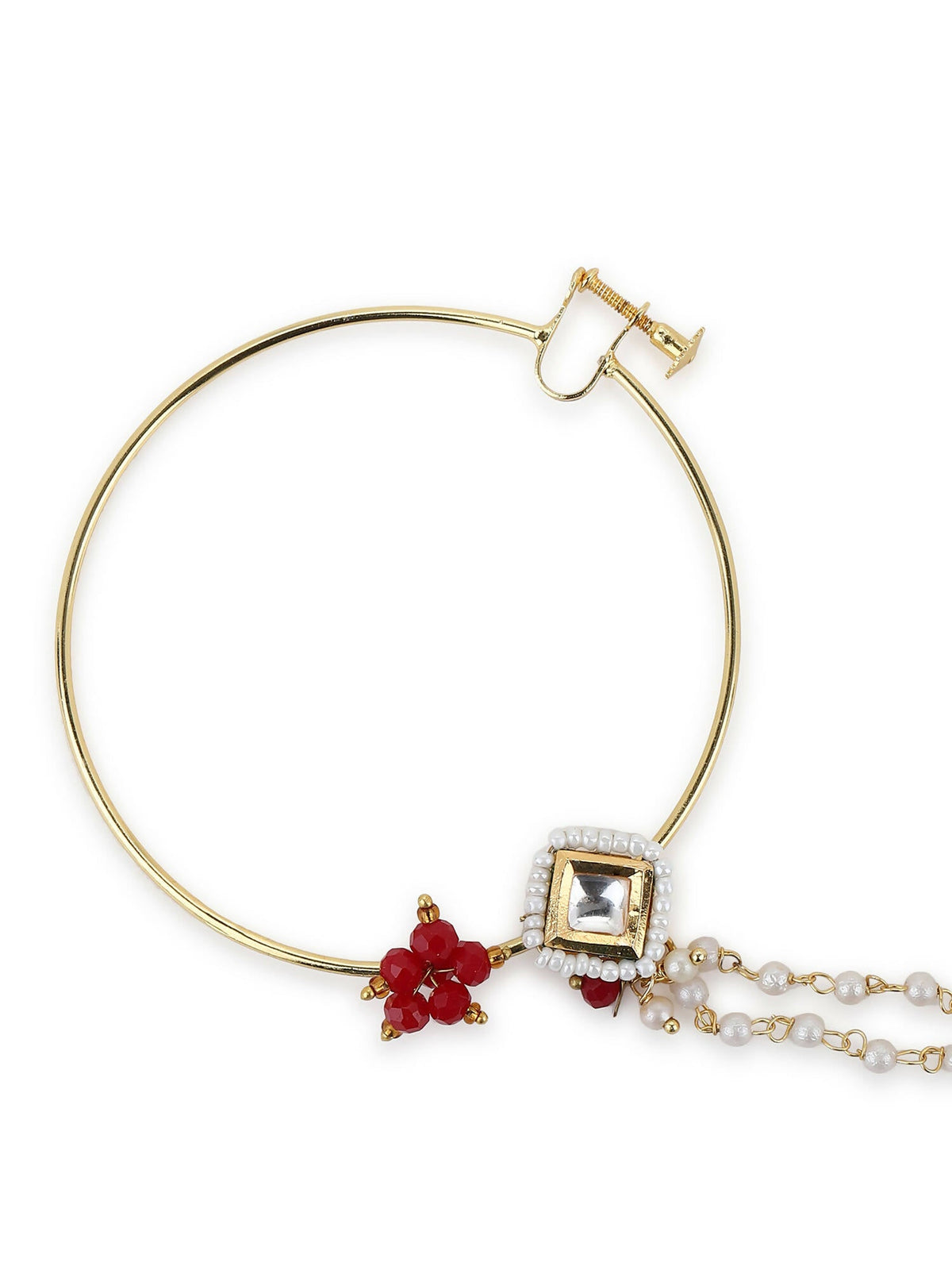Gold-Polished White Red Kundan-Studded Pearl Beaded Nosepin - Ruby Raang | Grocsy