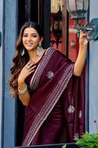 Vastranavya Wine Embroidery Work Shimmer Chiffon Saree with Unstitched Blouse | Grocsy