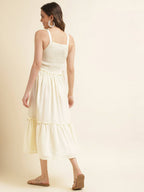 White Cotton Solid Flared Dress with Printed Shrug - Yukti | Grocsy
