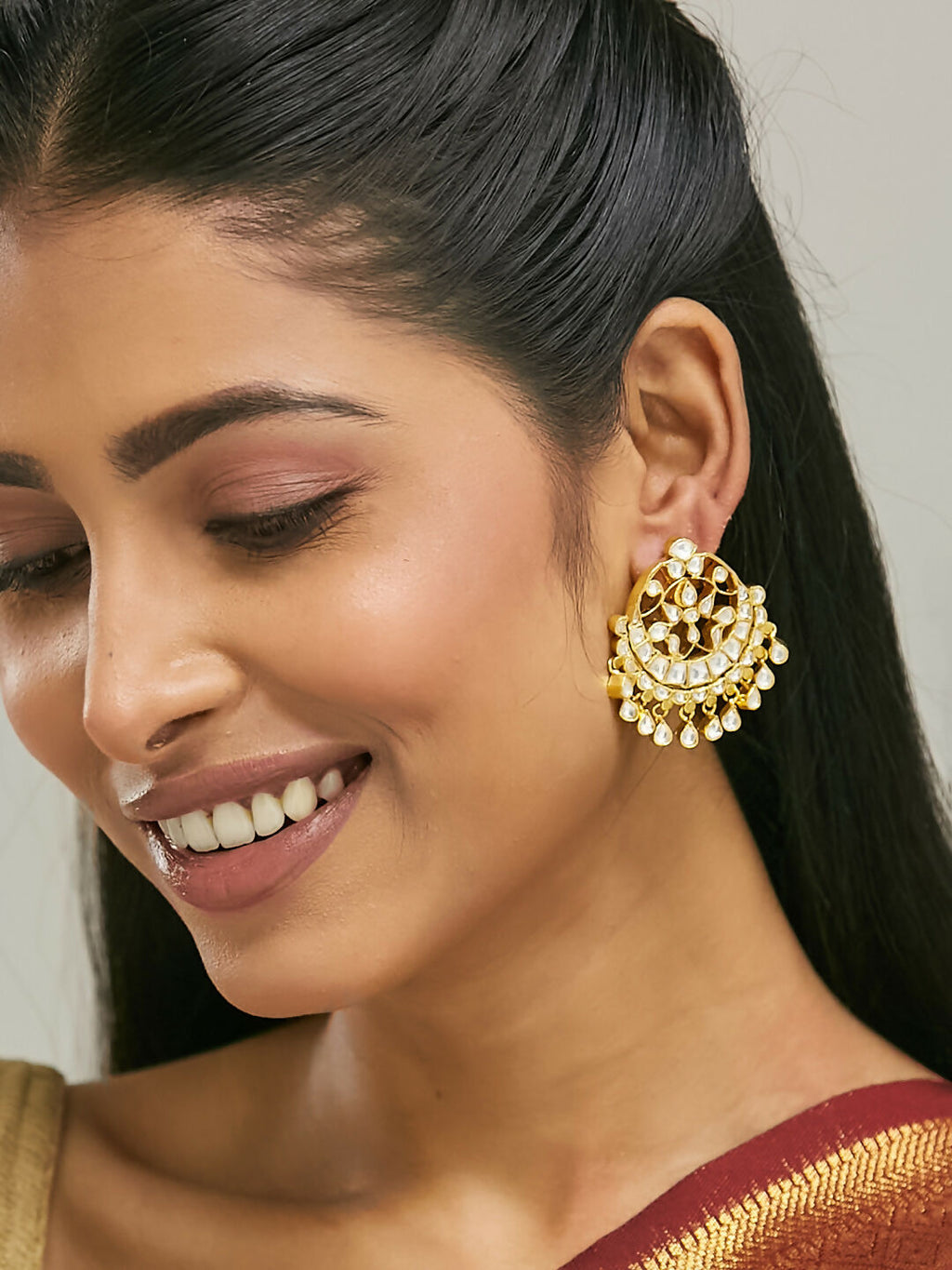 Nuyug 22K Gold-Plated Kundan Stone Studded & Pearl Beaded Moon Chandbalis | Grocsy