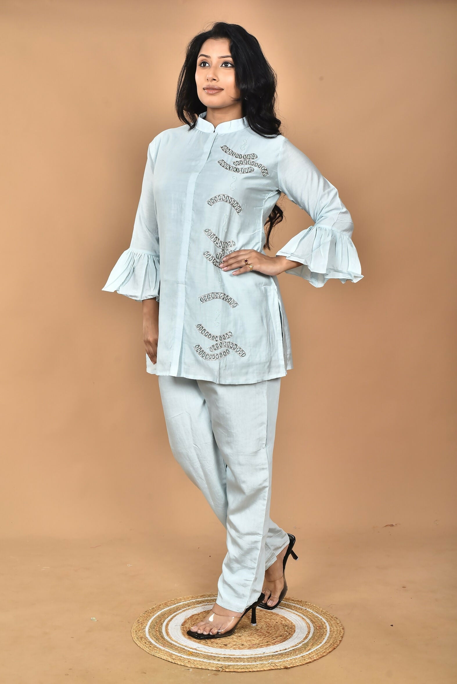 Morchari Women Hand Embroidery Co-Ords-Light Blue | Grocsy