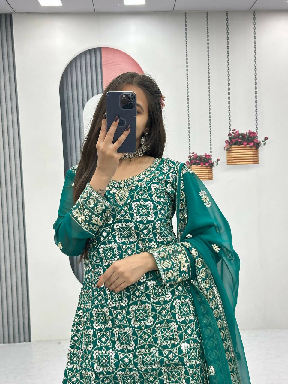 Teeya Creation Womens New Heavy Fox Georgette Fabric With Heavy Embroidery Work Green Kurta Set | Grocsy