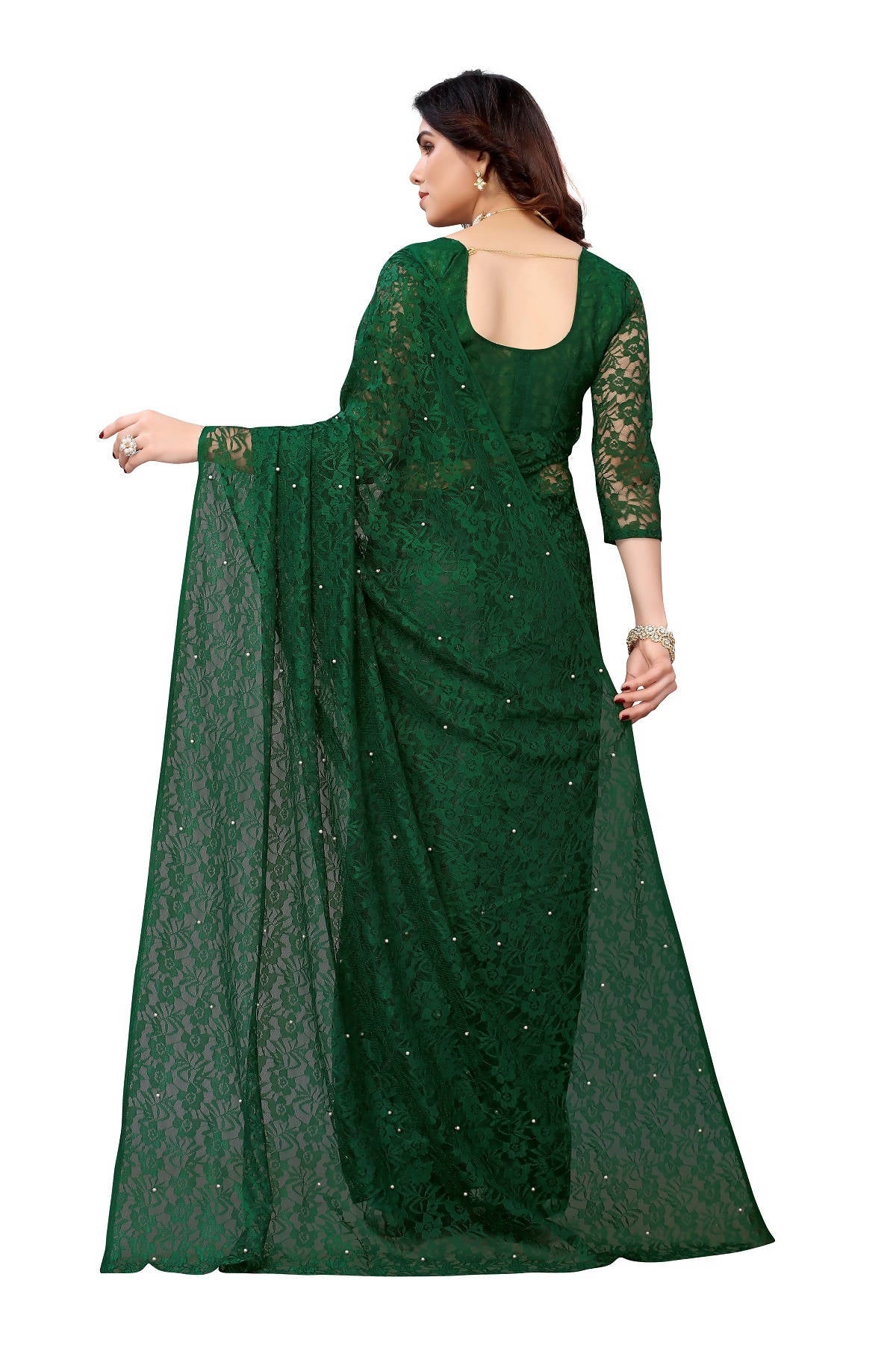 Vamika Ethnic Fire Green Pearls Net Saree | Grocsy