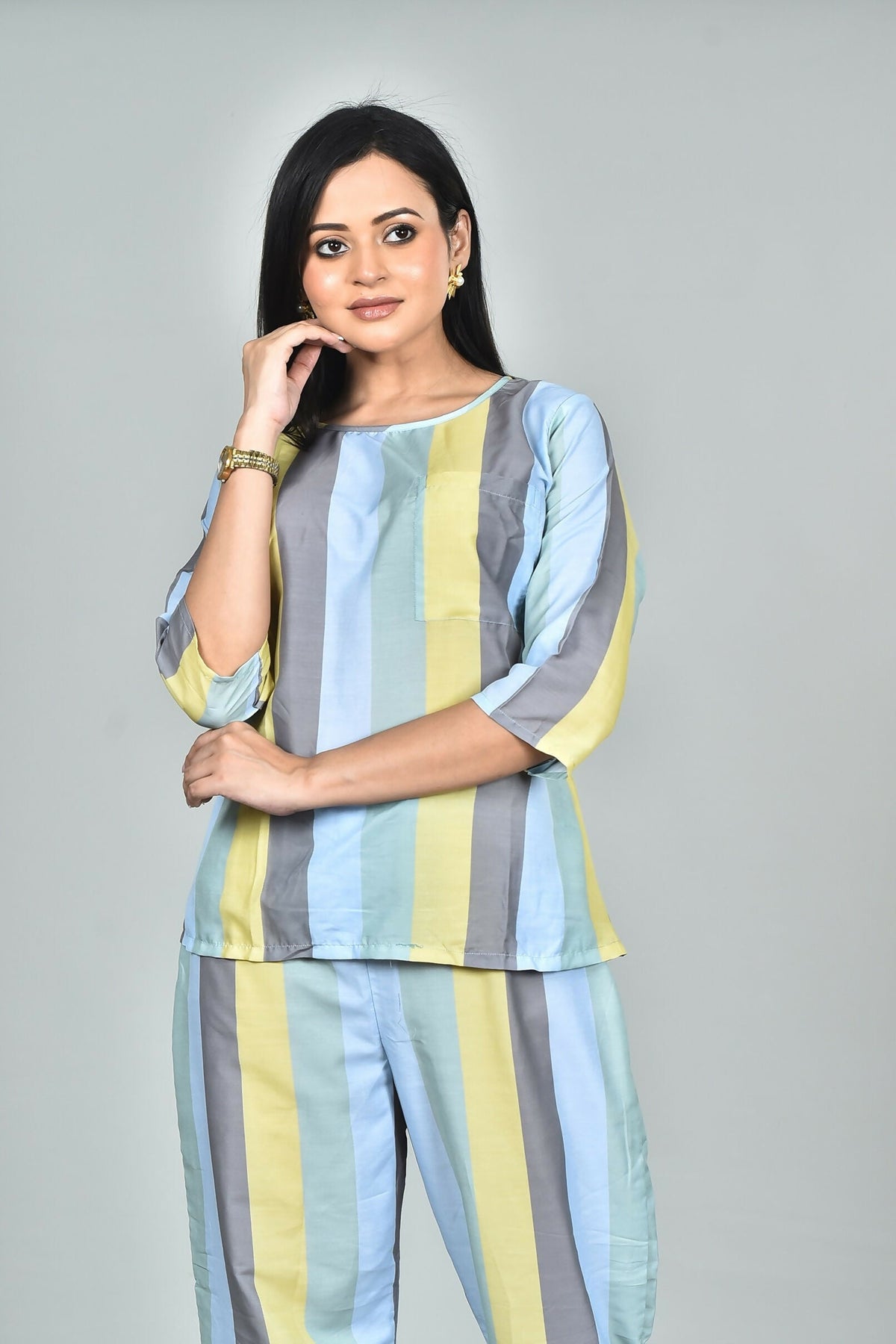 Morchari Digital Print Semi Muslin Co-Ord Set Top & Trouser-Multicolor | Grocsy