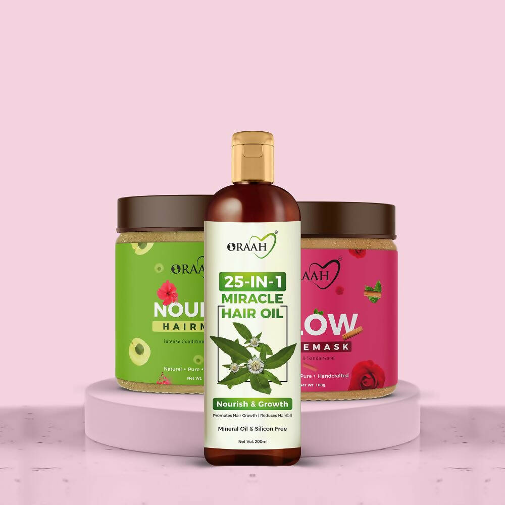 Oraah Beauty Care Combo (Hair Oil + Hair Mask + Glow Face Mask) | Grocsy