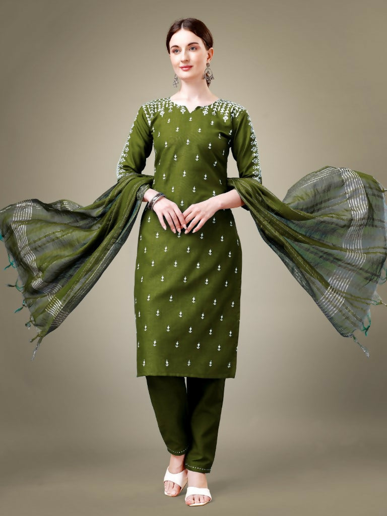Jyoti Fashion Women's Mehendi Cotton Blend Embroidery & Sequence work Kurta with Trouser & Dupatta | Grocsy