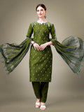 Jyoti Fashion Women's Mehendi Cotton Blend Embroidery & Sequence work Kurta with Trouser & Dupatta | Grocsy