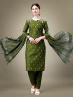 Jyoti Fashion Women's Mehendi Cotton Blend Embroidery & Sequence work Kurta with Trouser & Dupatta | Grocsy