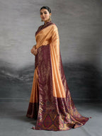 PR Fashion Coffee Kanjivaram Soft Silk Kadiyal Pattern Double Zari Woven Patta, Meenakari Woven Pallu Saree | Grocsy