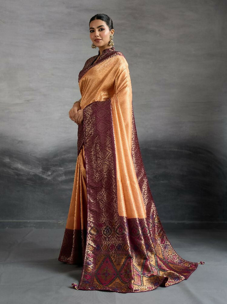 PR Fashion Coffee Kanjivaram Soft Silk Kadiyal Pattern Double Zari Woven Patta, Meenakari Woven Pallu Saree | Grocsy