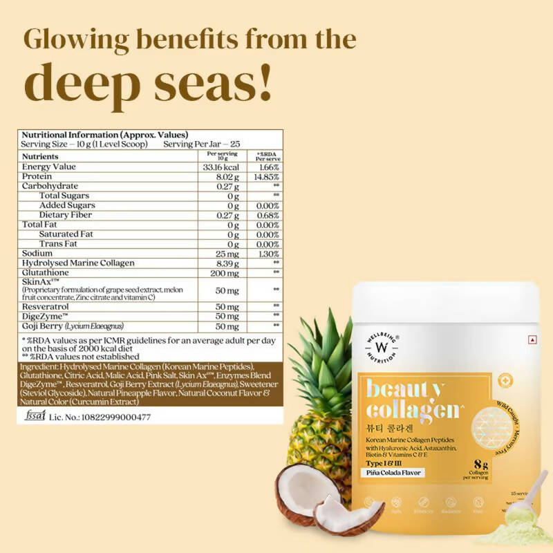 Wellbeing Nutrition Glow Korean Marine Collagen Peptides - Pina Colada Flavor | Grocsy