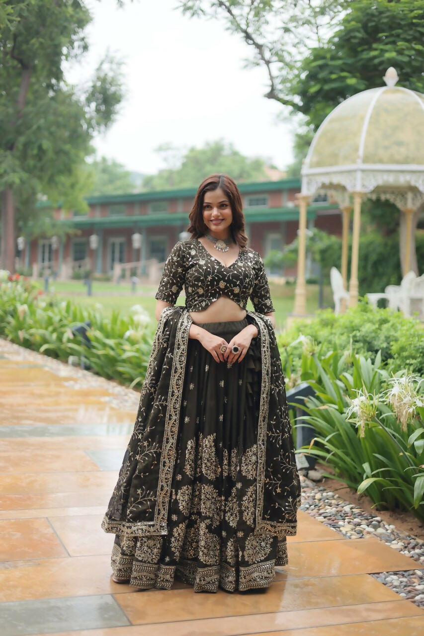 Vastranavya Designer Heavy Sequins & Thread Embroidered work Lehenga Choli - Olive Green | Grocsy