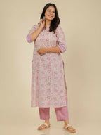 Aramya Pink Soft Cotton Floral Print Straight Kurta Pant Set for Women | Grocsy