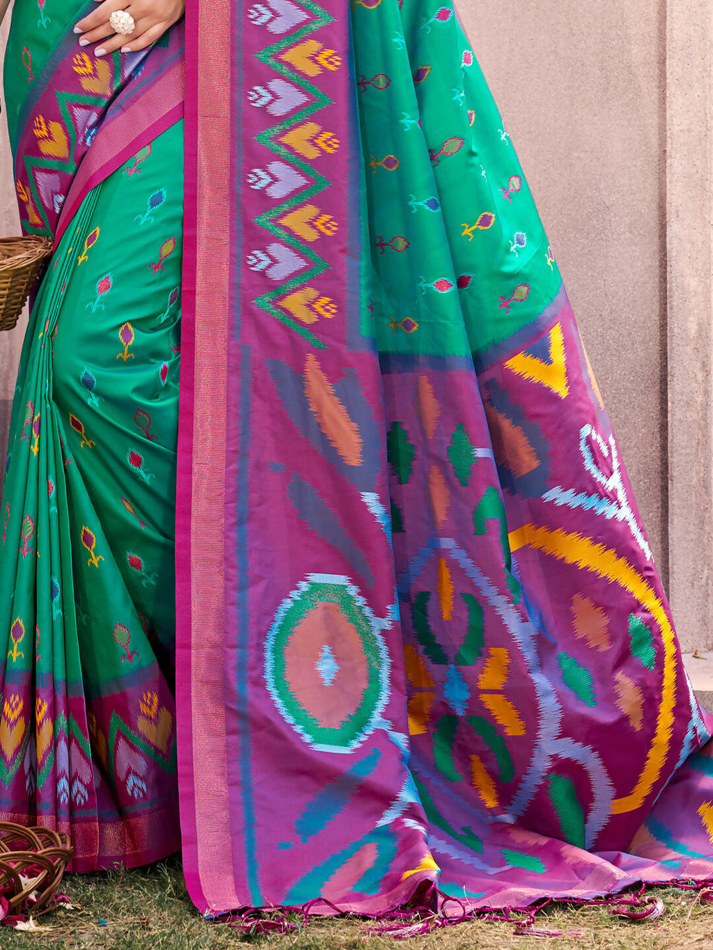 Shree Shyam Fashion Rama Green Pochampally Silk Saree | Grocsy