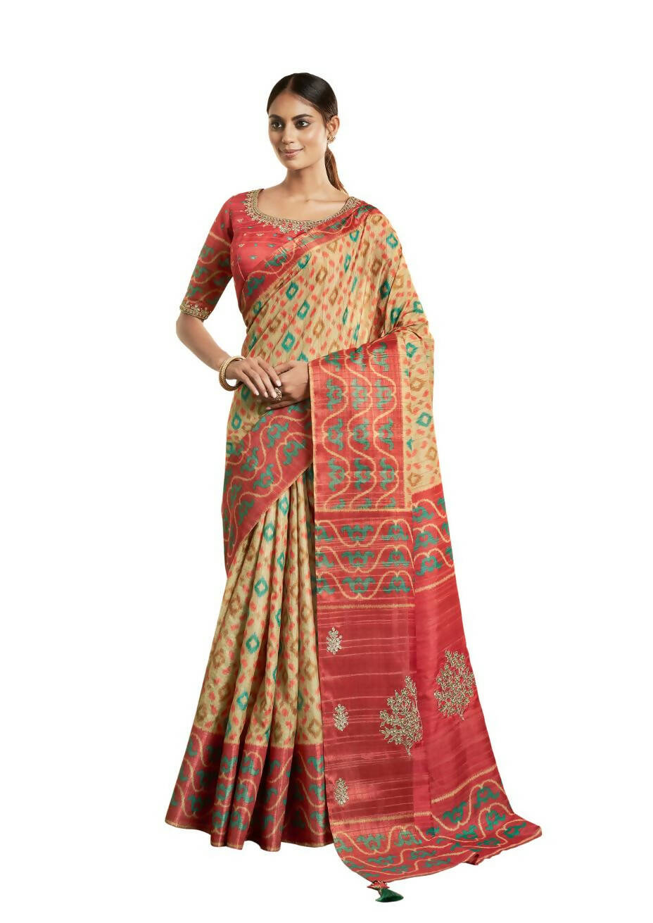 Beige Bhagalpuri Silk Woven design with Hand work butta Saree - Norita Nirvi | Grocsy
