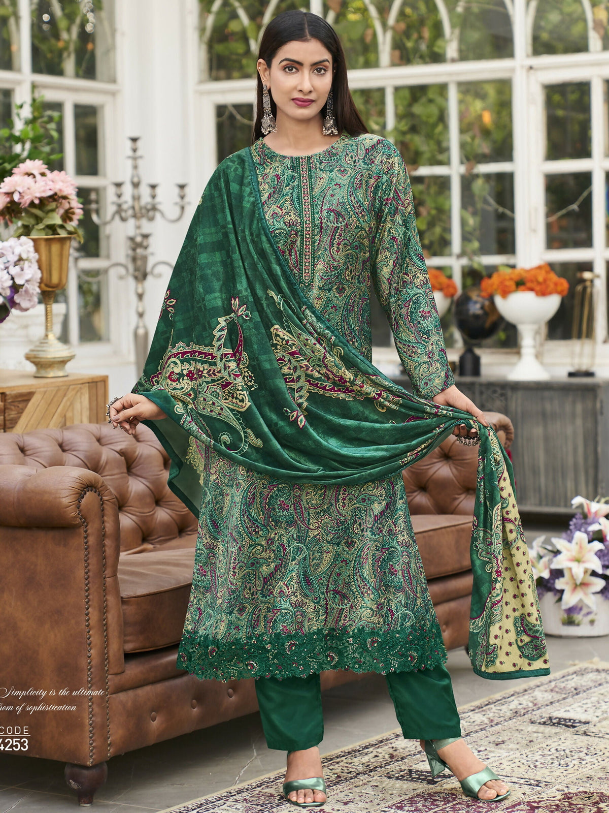 Jyoti Fashion Women's Green Velvet Digital Print with Resham Thread work Kurta with Trouser & Dupatta | Grocsy