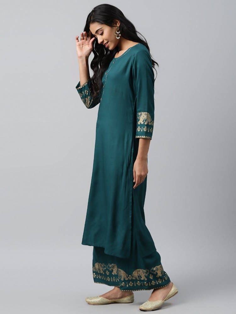 Yufta Women Green And Golden Pure Cotton Solid Kurta with Palazzo and Dupatta | Grocsy