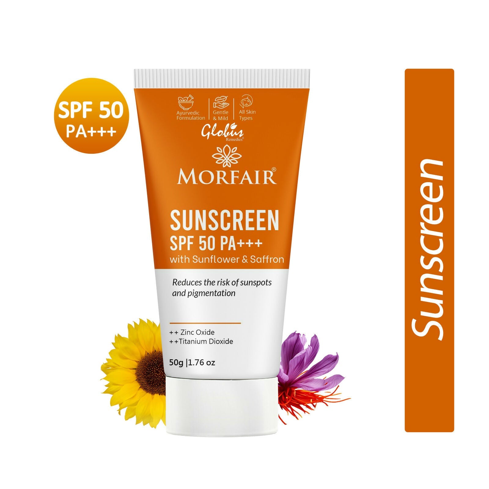 Globus Remedies Morfair Sunscreen SPF 50 PA+++ with Sunflower & Saffron For Reduces Sunspots & Pigmentation | Grocsy