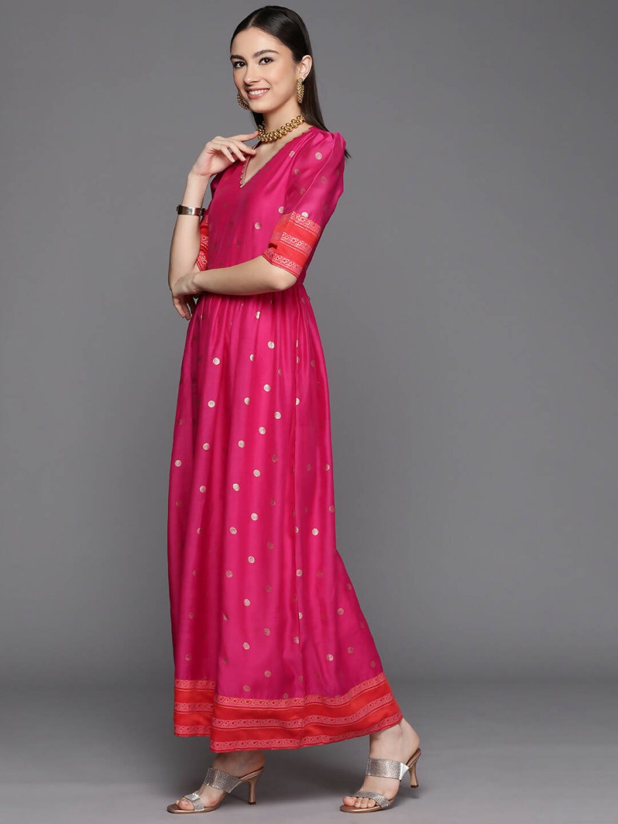 Ahalyaa Women's Pink Chanderi Gold Foil Print Dress | Grocsy