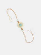 NVR Women & Men Set of 2 Peach Floral Design Pearl Beaded Bhaiya Bhabi Rakhi With Roli Chawal | Grocsy