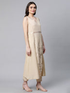 Ahalyaa Women Beige Pure Cotton Printed Floral Kurta With Trousers | Grocsy