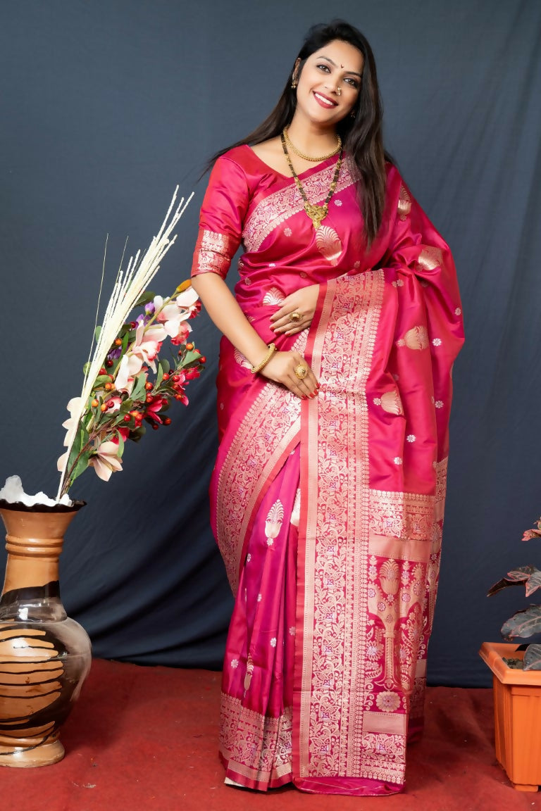Jyoti Fashion Women's Gajri Red Paithani Silk Zari Woven Saree with Blouse | Grocsy