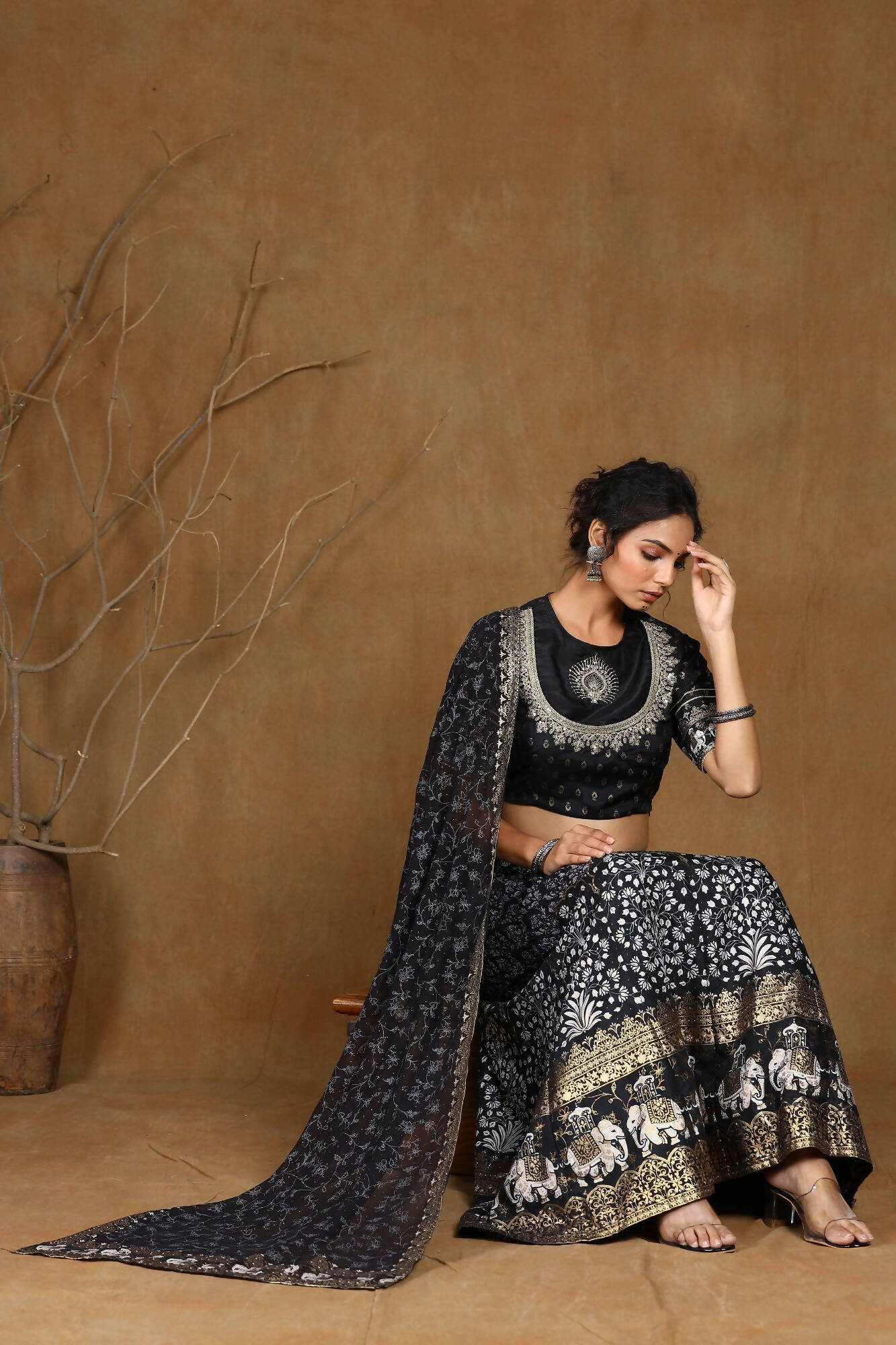 Juniper Women Black Shantoon Embroidered Flared Lehenga Choli Sets | Grocsy